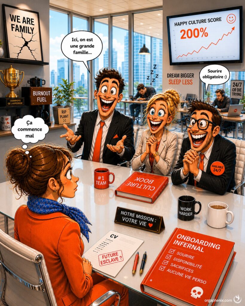 Illustration satirique d’une entreprise toxique avec culture corporate artificielle et ambiance RH faussement positive