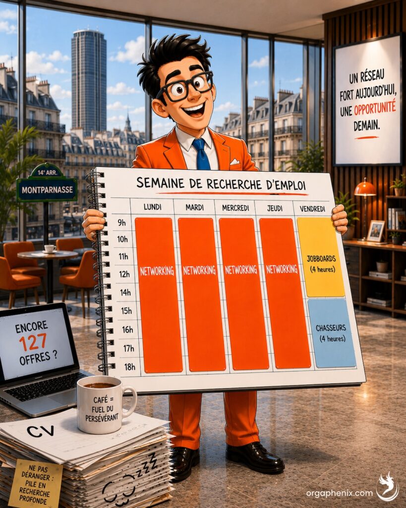 Illustration humoristique premium montrant une semaine de recherche d'emploi organisée avec 4 jours dédiés au networking et une journée limitée aux jobboards et chasseurs de têtes.