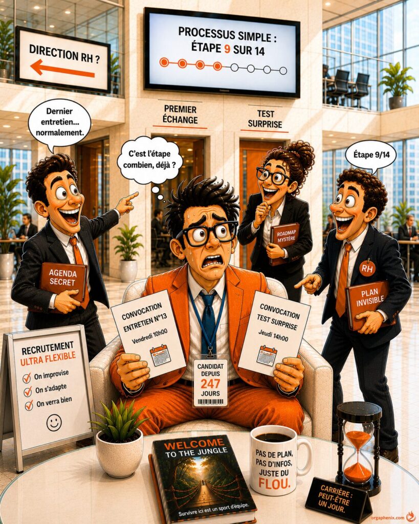 Illustration humoristique d’un processus de recrutement absurde dans une entreprise toxique