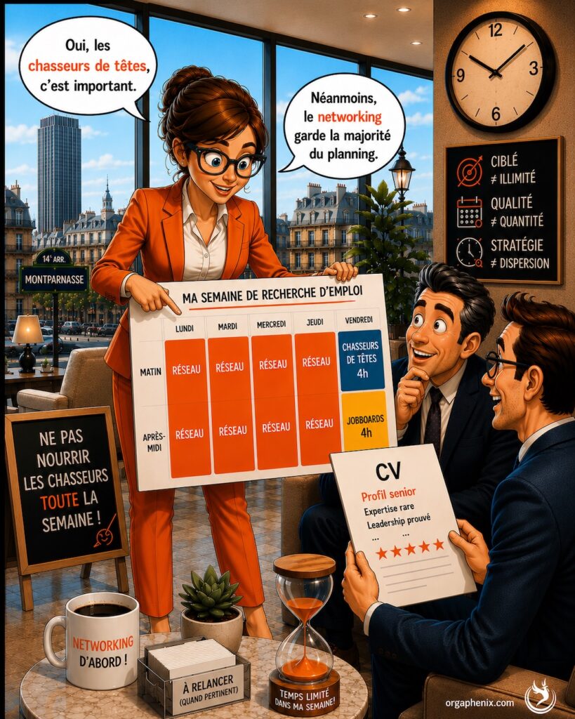 Illustration éditoriale premium représentant une semaine de recherche d'emploi où les chasseurs de têtes restent un levier complémentaire au networking.