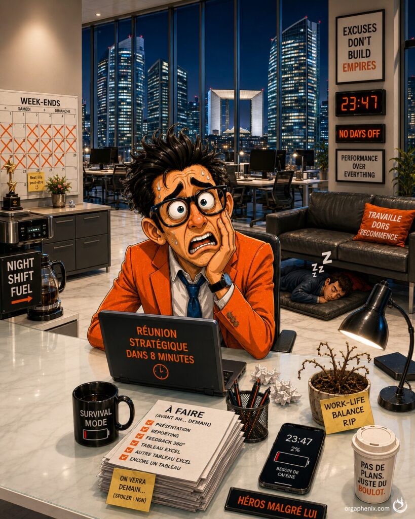 Illustration d’un cadre épuisé travaillant tard dans une entreprise toxique valorisant le surmenage