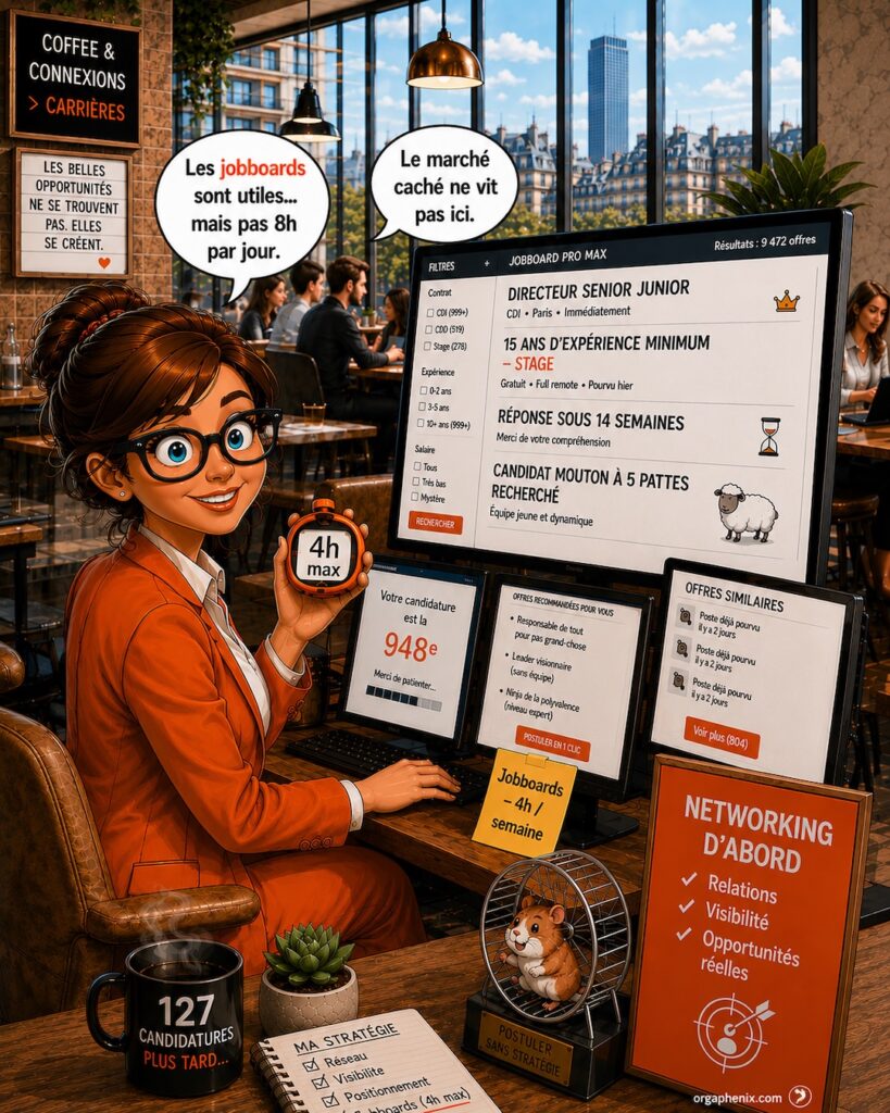 Illustration humoristique premium montrant une semaine de recherche d'emploi où le temps consacré aux jobboards reste volontairement limité.