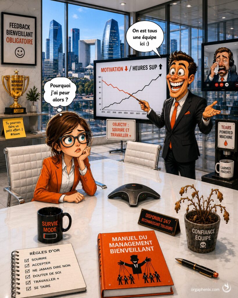 Illustration satirique d’un management toxique avec pression psychologique et faux discours bienveillant