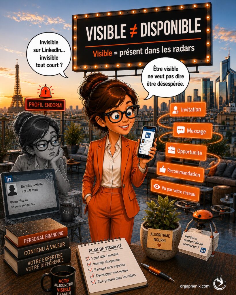 Illustration premium représentant une présence active sur LinkedIn pendant une semaine de recherche d'emploi afin de rester visible auprès du marché caché.