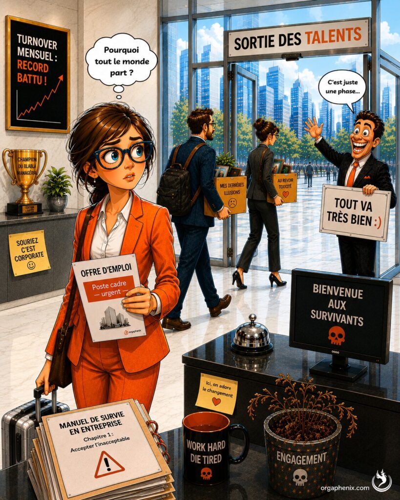 Illustration humoristique montrant des salariés quittant une entreprise toxique avec un fort turnover