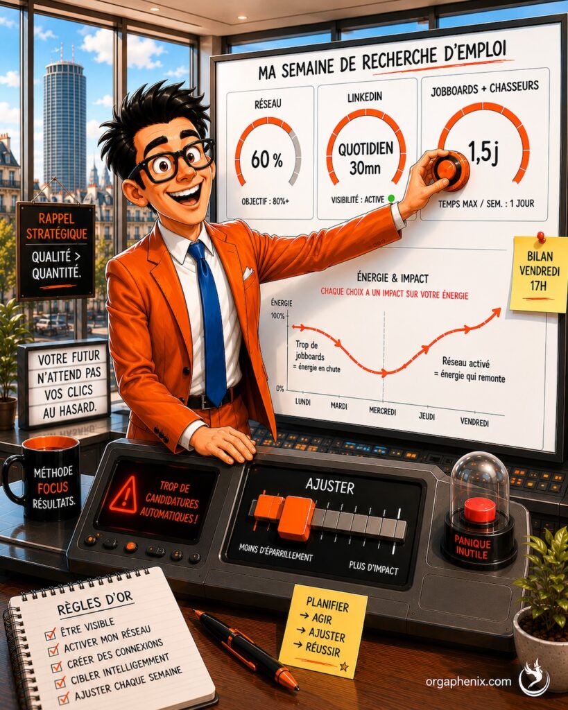 Illustration éditoriale premium représentant le pilotage stratégique d’une semaine de recherche d'emploi avec networking, LinkedIn et jobboards équilibrés.