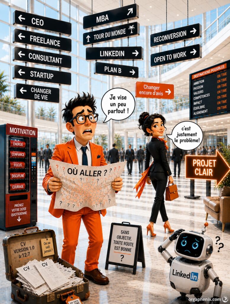 Illustration humoristique d’un homme perdu parmi plusieurs directions contradictoires pour élaborer un projet professionnel clair