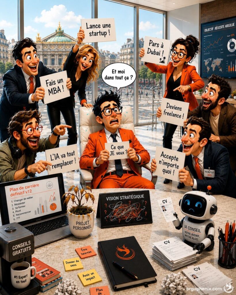 Illustration d’un dirigeant recevant des conseils contradictoires pendant sa réflexion pour élaborer un projet professionnel