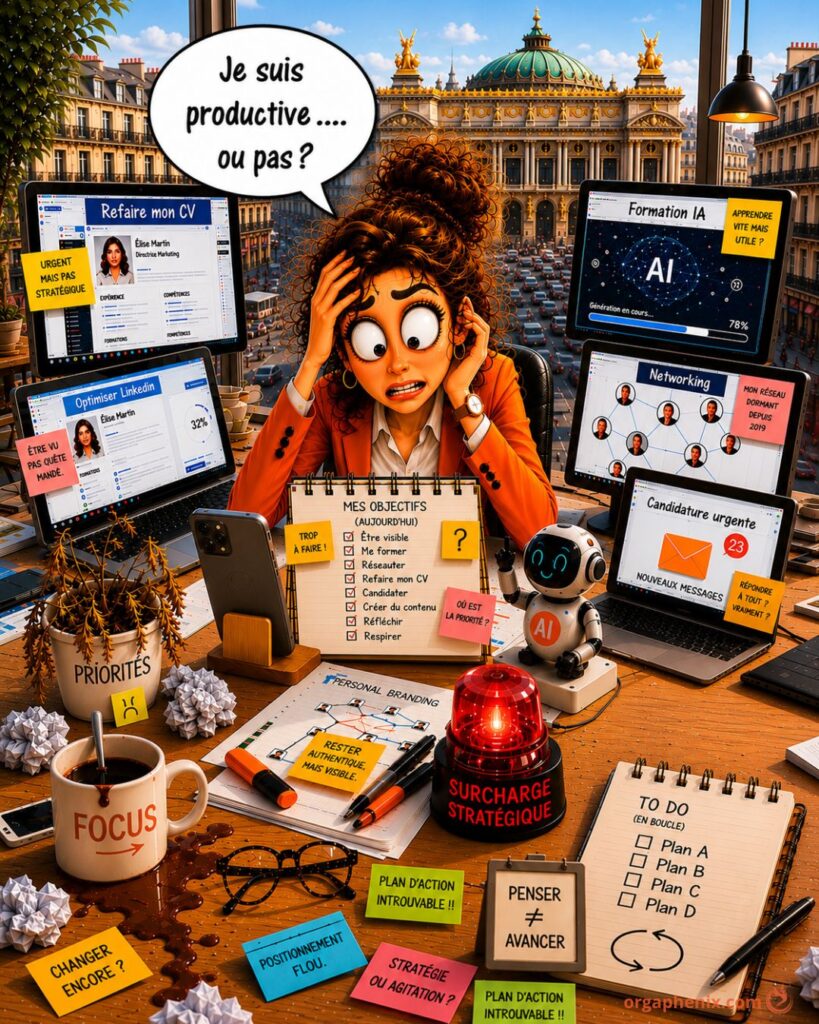 Illustration humoristique d’une femme perdue dans plusieurs directions pour élaborer un projet professionnel cohérent
