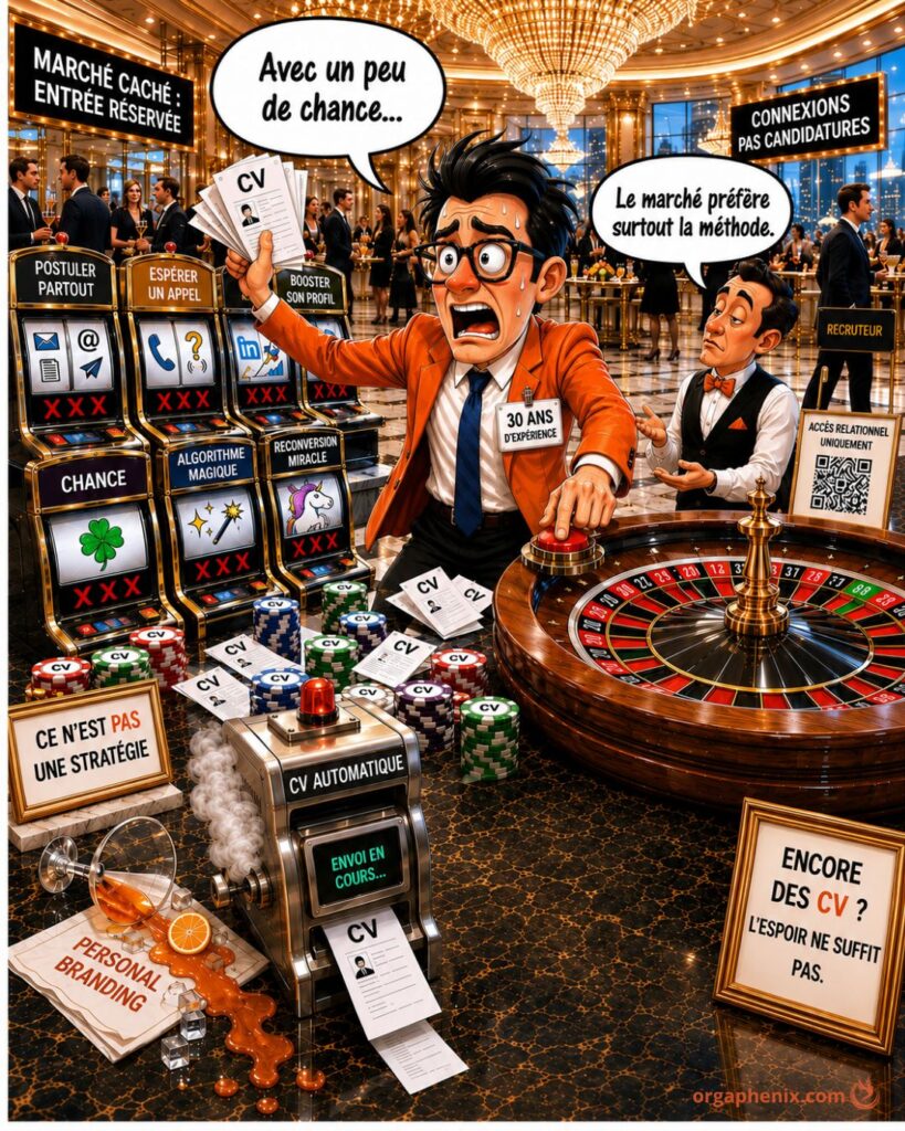 Illustration d’un dirigeant jouant sa transition professionnelle comme un casino sans stratégie claire