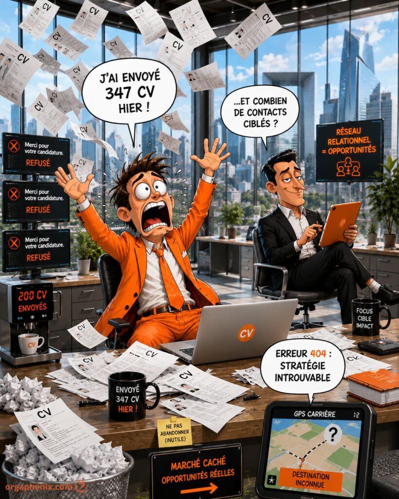 Cadre en costume orange envoyant 347 CV sans résultat tandis qu'un conseiller rappelle l'importance du réseau pour élaborer un projet professionnel efficace.