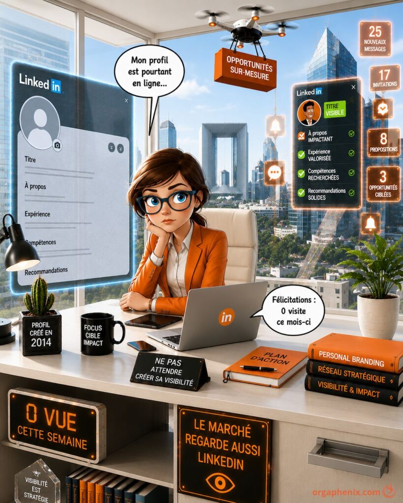 Professionnelle observant le marché caché de l'emploi où les opportunités circulent grâce au réseau et aux recommandations professionnelles.