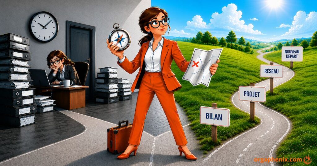 Illustration d'une reconversion professionnelle : Isabelle choisit un nouveau projet de carrière en quittant un bureau stressant pour suivre un chemin vers un nouveau départ.
