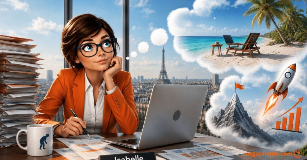 Isabelle réfléchit à son job de rêve dans un bureau avec vue sur Paris.