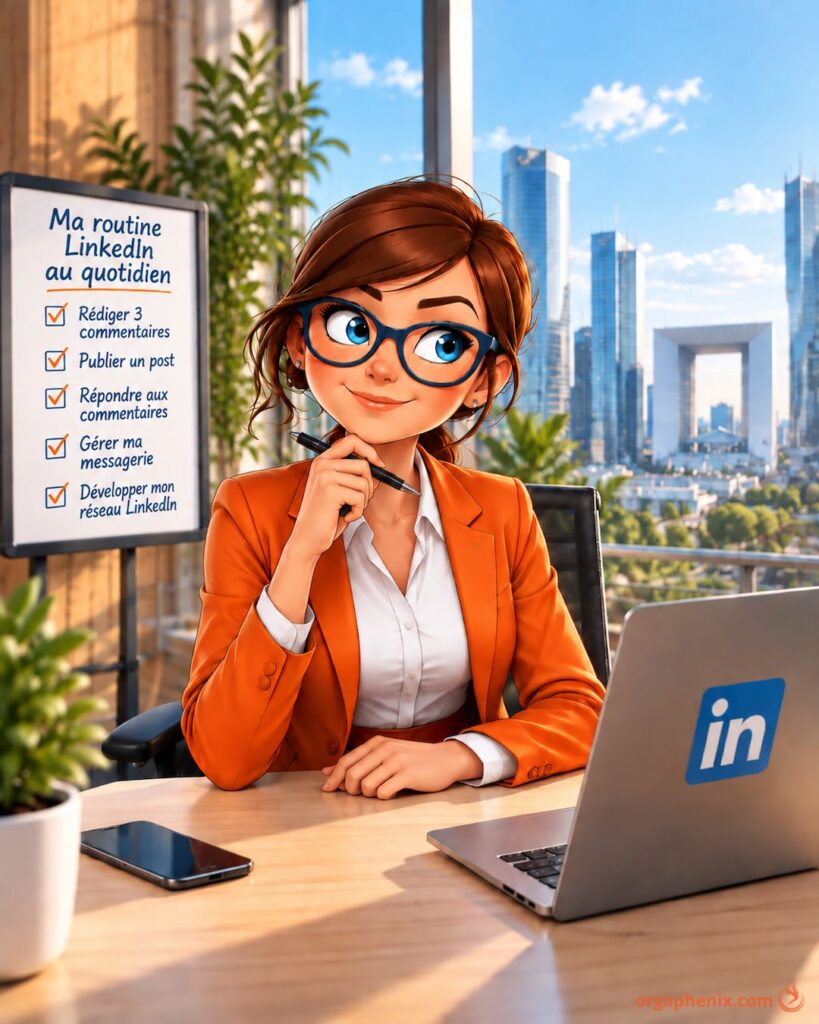 Routine LinkedIn quotidienne au bureau.