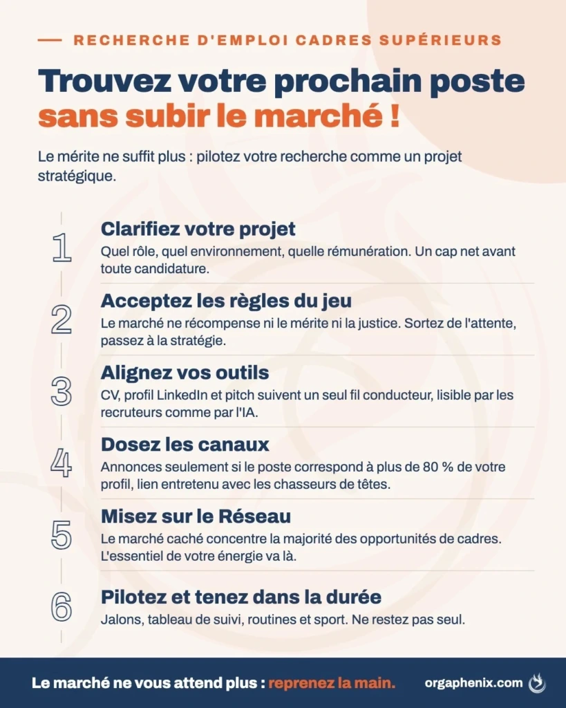 Infographie en 6 étapes pour trouver un emploi de cadre : projet, règles du jeu, outils, canaux, Réseau et pilotage.